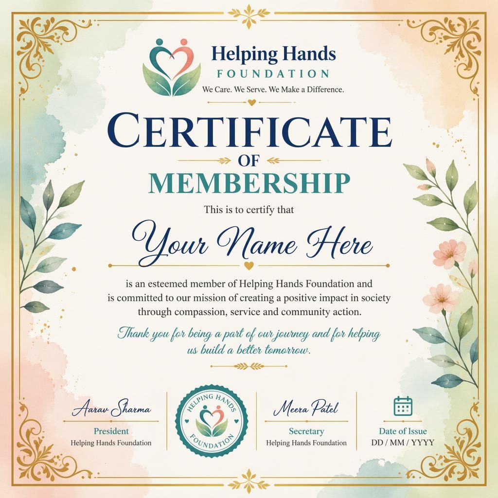 Landscape A4 membership certificate template with watercolor accents, gold border, heading, recipient name, signature lines, date, and seal.