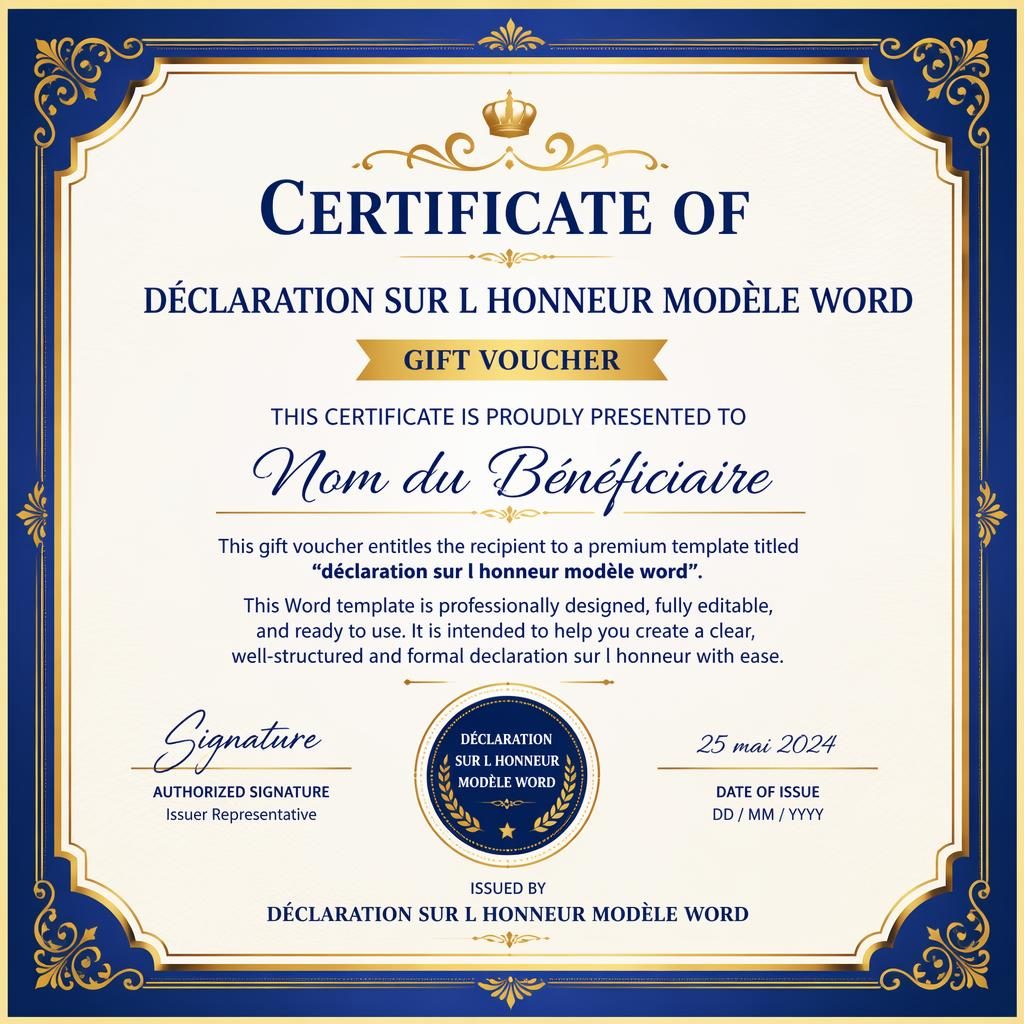 Certificat cadeau A4 paysage moderne, cadre décoratif bleu royal et or, titre central, nom, texte, signature et date.