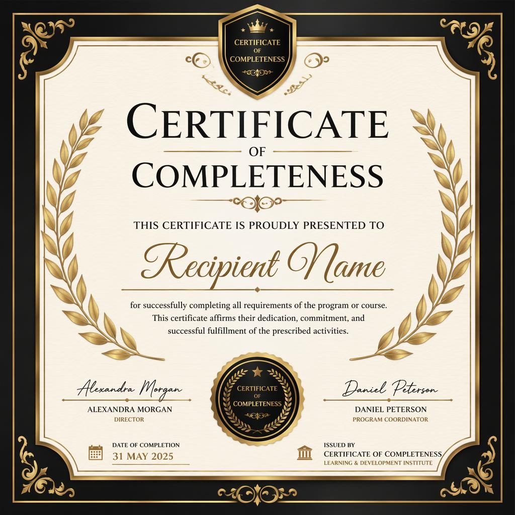Landscape A4 certificate of completeness template with black and gold ornate border, laurel wreath, signature lines, date