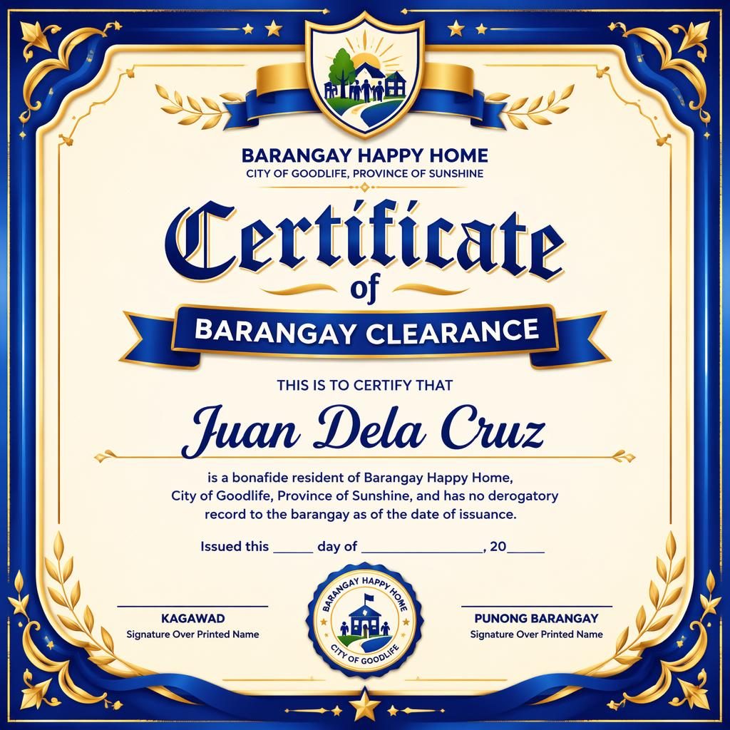 Landscape A4 certificate template with blue and gold decorative border, heading, recipient name, body text, signatures, date, and seal.