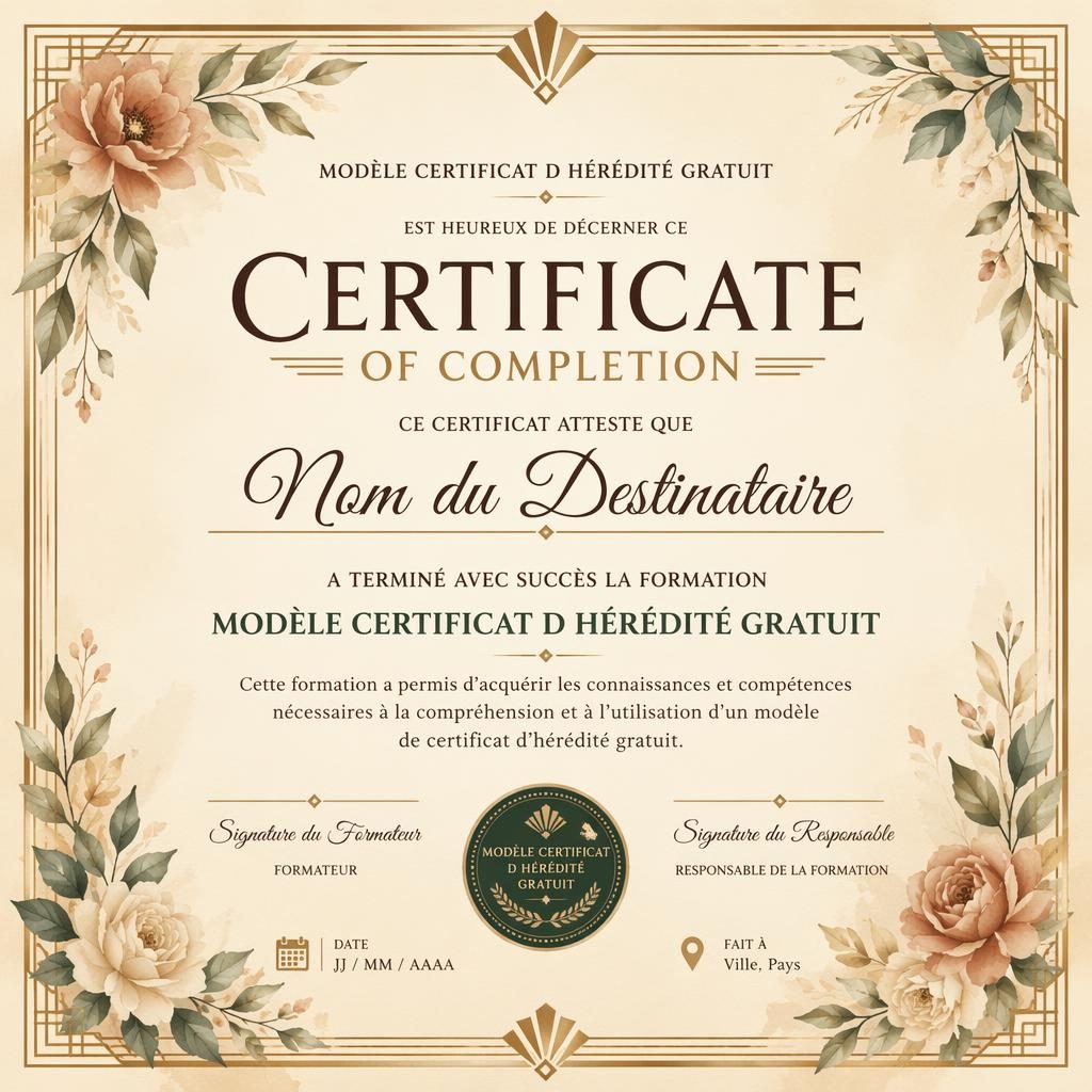 Template de certificat de formation A4 paysage, style art déco, bordure florale aquarelle, tons terre, signature et sceau