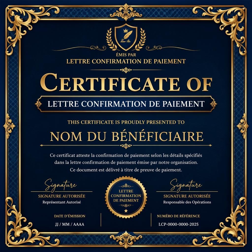 Certificat bon cadeau A4 paysage noir, bleu royal et or, avec cadre décoratif, titre central, signature et date.