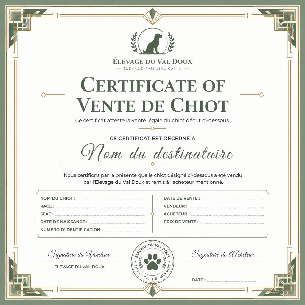 Modèle de certificat académique A4 paysage, bordure art déco géométrique blanche et sauge, zones signature et sceau.