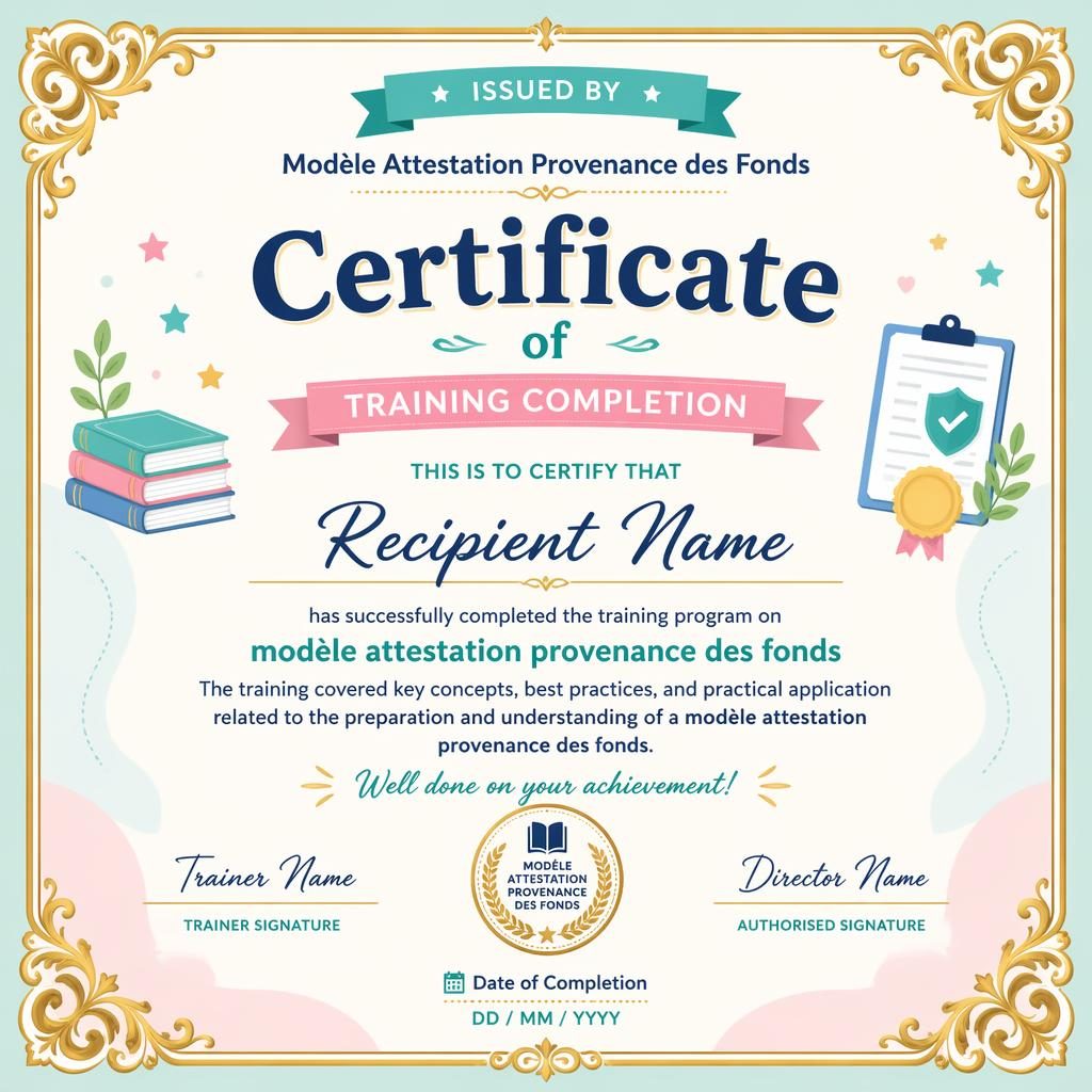 Modèle de certificat A4 paysage ludique, bordure dorée ornementale, palette pastel, titre central et lignes de signature.