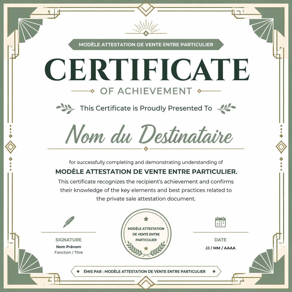 Certificat A4 paysage blanc et sauge, bordure géométrique art déco, titre central, lignes de signature et sceau.