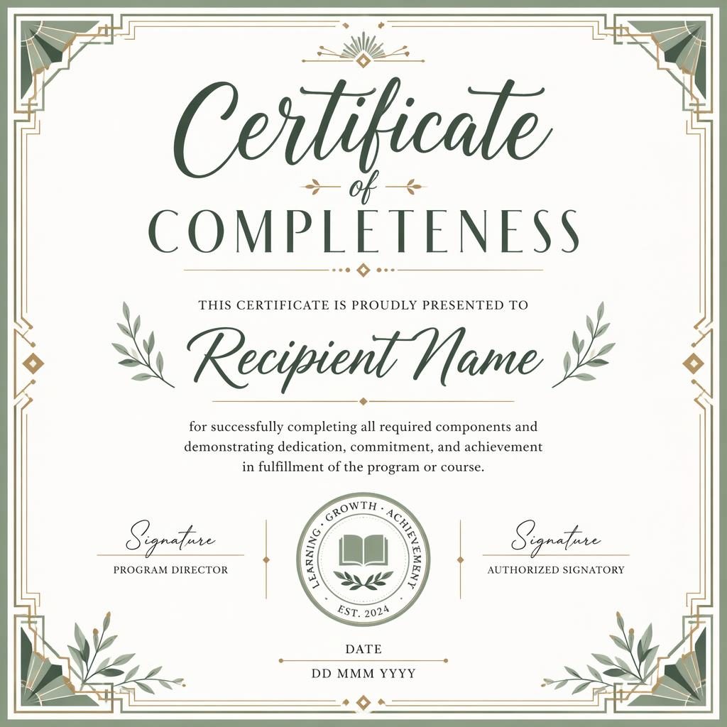Landscape A4 academic merit certificate of completeness template with sage border, hand-lettered heading, signature lines, date, and seal.