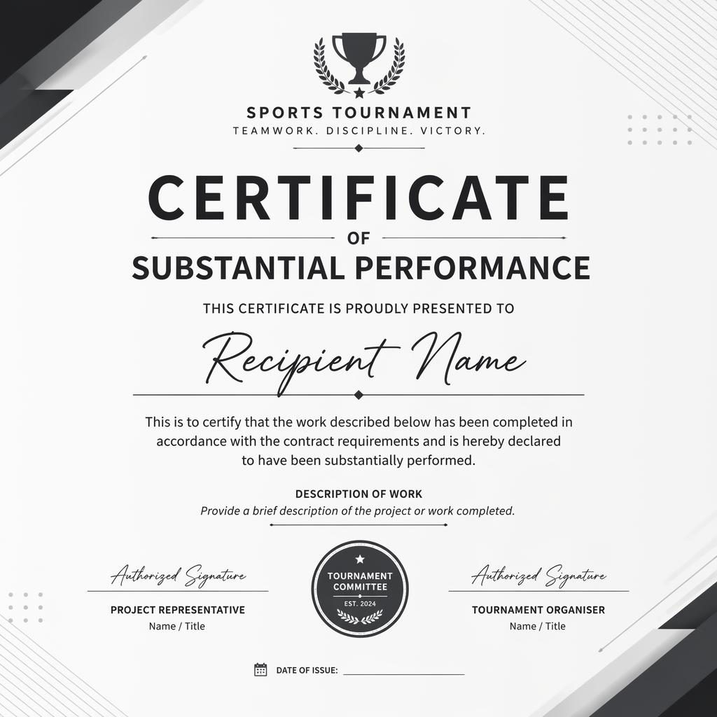 Modern monochrome landscape certificate template with centered heading, recipient name, body text, signature lines, date, and seal
