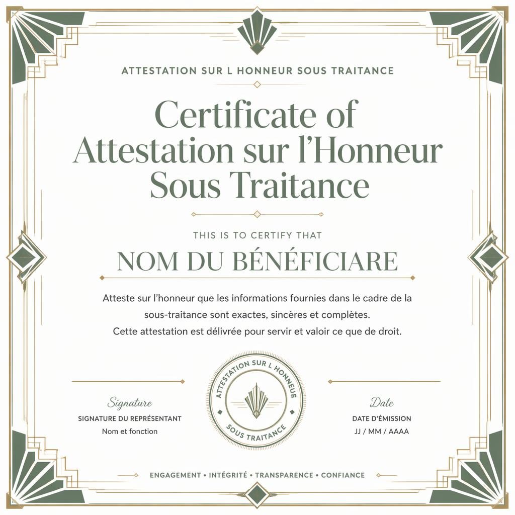 Modèle de certificat paysage A4 Art déco, bordure géométrique blanche et sauge, zones signature, date et sceau.