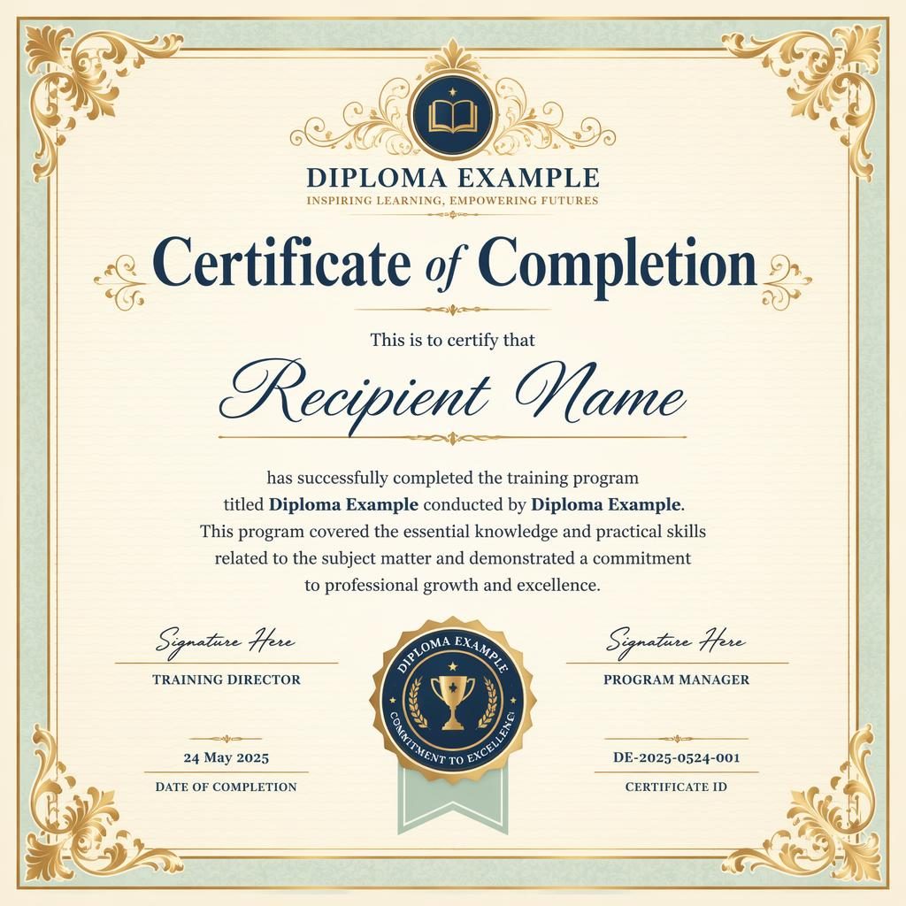 Landscape A4 training completion certificate template with ornate gold border, pastel palette, heading, name, signature lines.