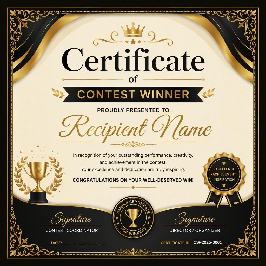 Luxury black and gold landscape A4 certificate template with ornate border, heading, recipient name, signature lines, date.
