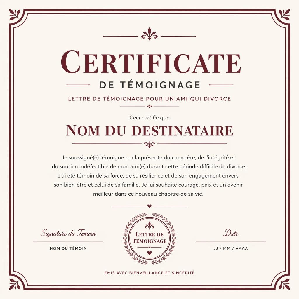 Modèle de certificat A4 paysage minimaliste, bordure double bordeaux, titre central, zones de nom, signature, date et sceau.