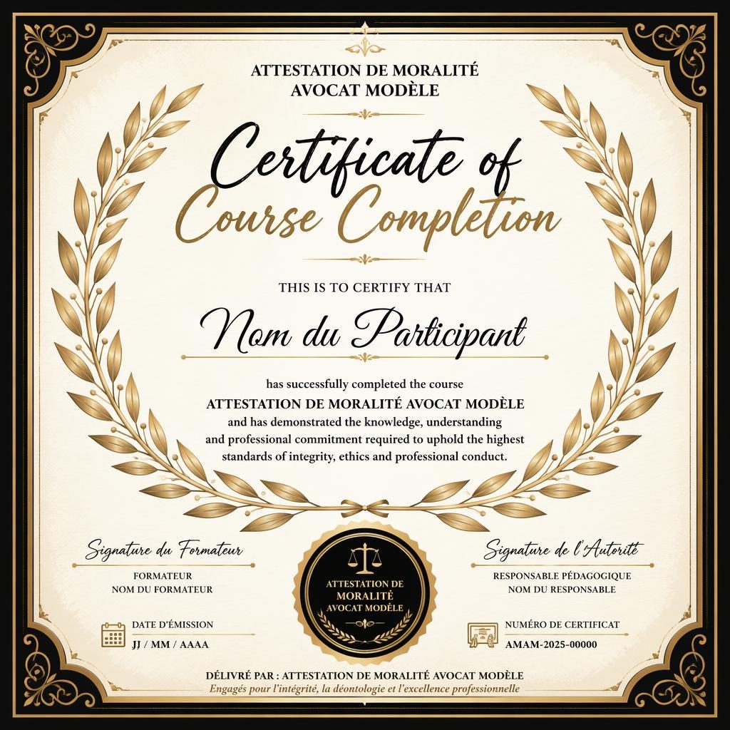 Certificat A4 paysage noir et or, bordure de laurier, titre central, nom, texte, signatures, date et sceau.