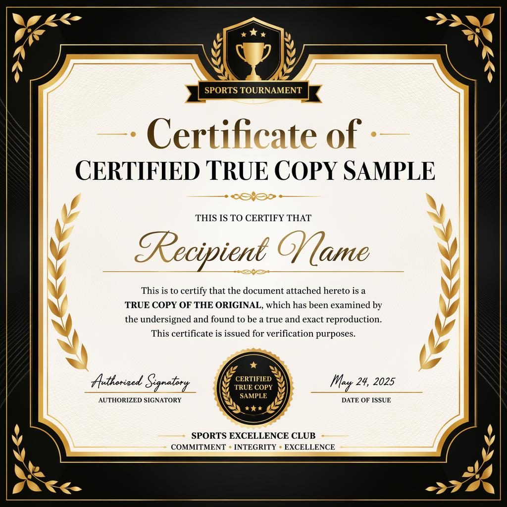 Luxury black and gold sports tournament certificate template with laurel border, heading, signature lines, date, and seal