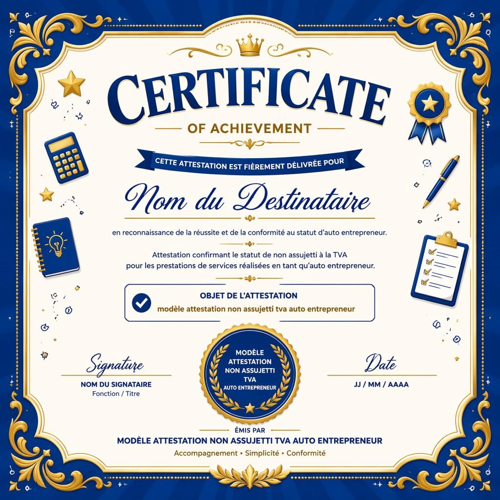 Modèle de certificat paysage A4 bleu royal et or, cadre décoratif, titre central, lignes de signature, date et sceau.