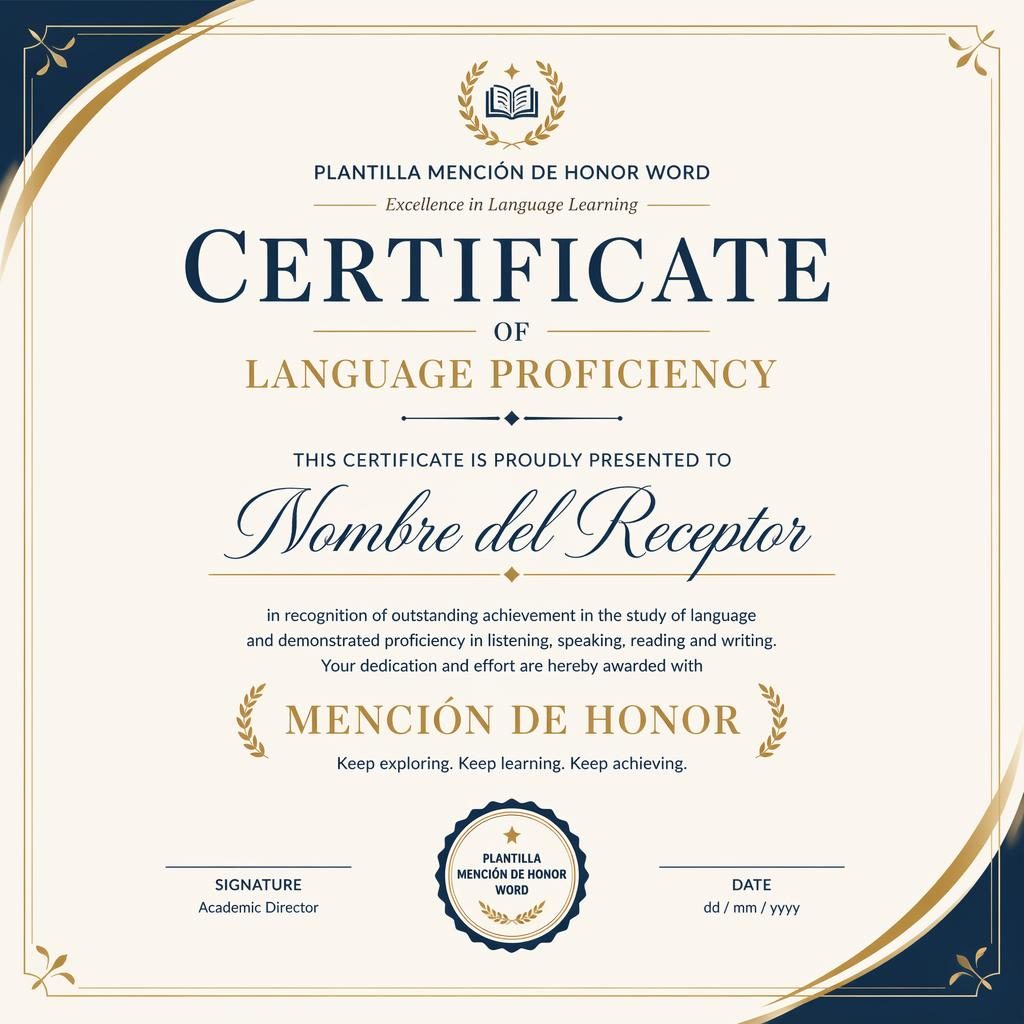 Certificado horizontal A4 minimalista en crema, dorado y azul marino con borde fino, título central y líneas de firma.