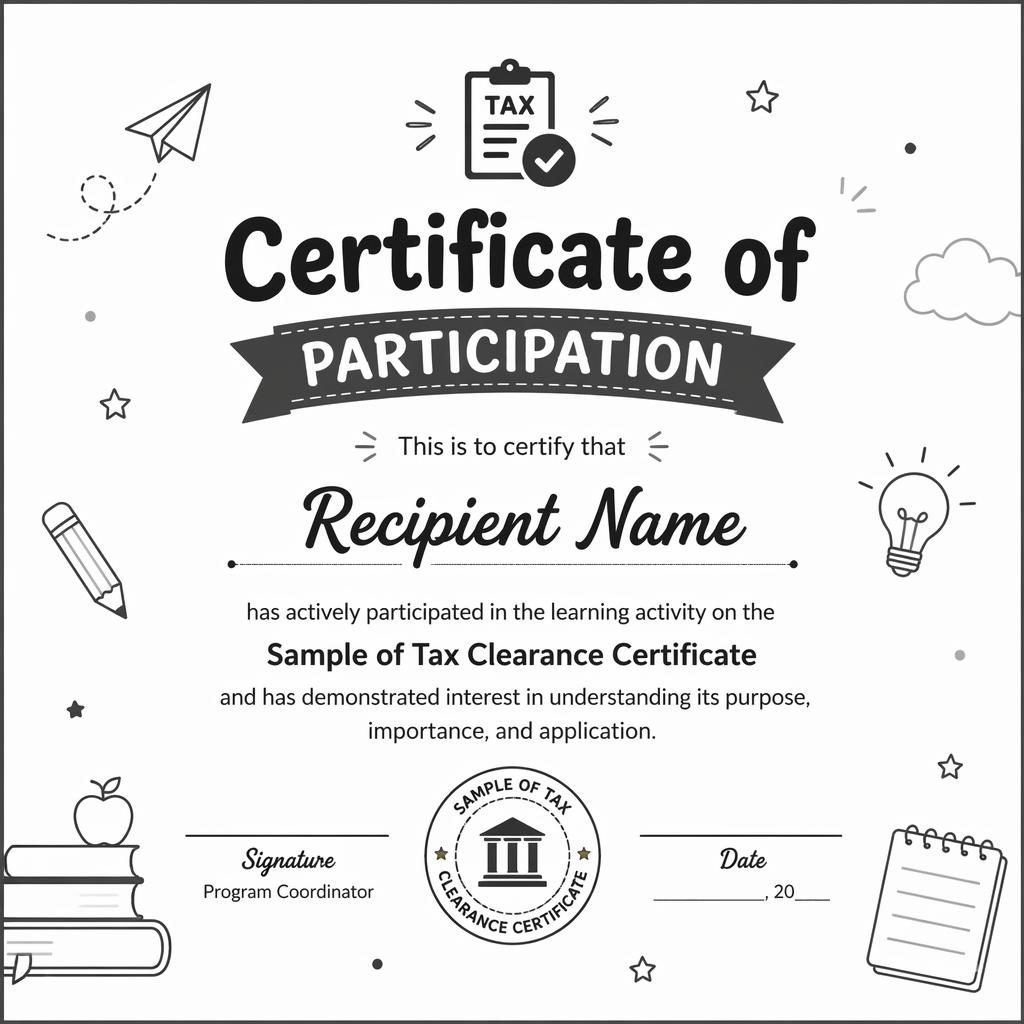 Landscape A4 participation certificate template in minimal monochrome style with heading, recipient name, body text, signature lines, date, and seal.