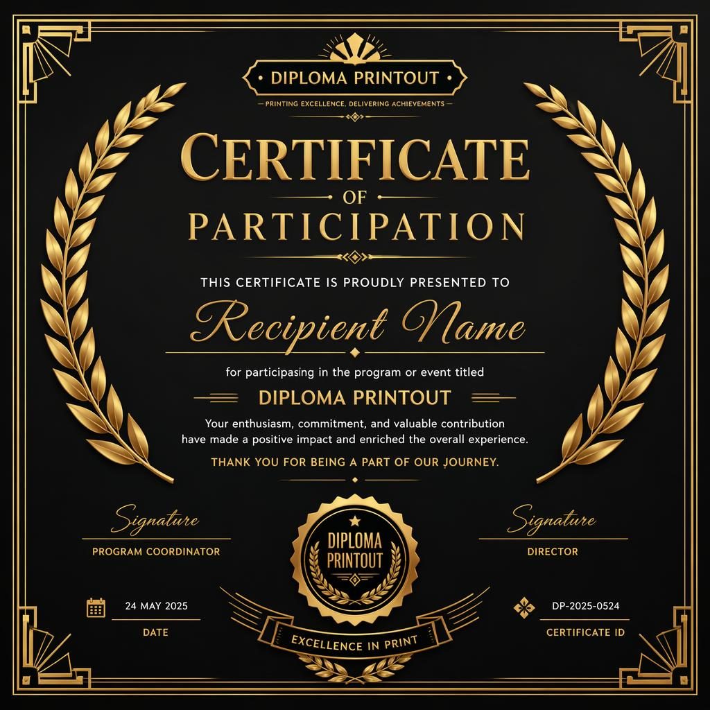 Landscape A4 participation certificate template in black and gold with art deco border, laurel wreath, signature lines, date