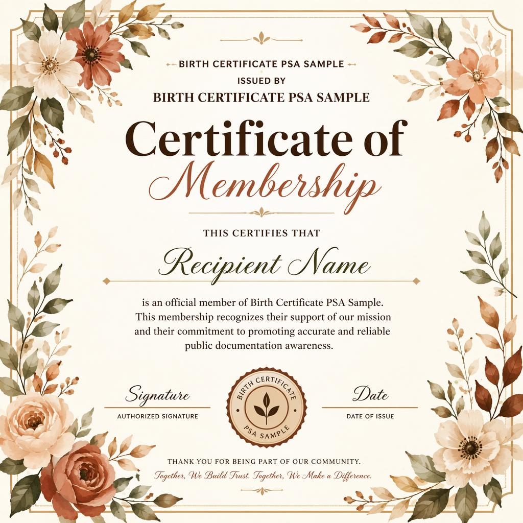 Landscape A4 membership certificate template with watercolor floral border, warm earth tones, heading, body text, signature lines, date, and seal.