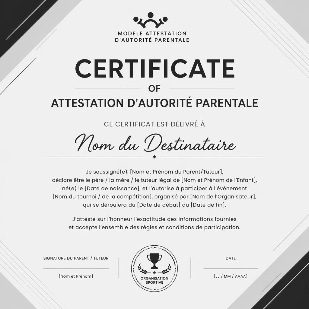 Modèle de certificat horizontal A4 au style minimal monochrome, avec titre central, texte, signatures, date et sceau.