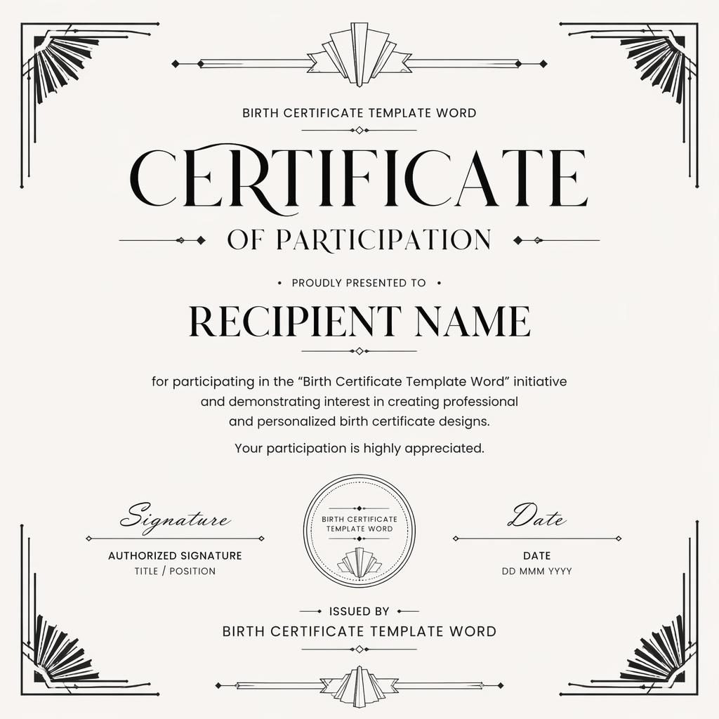 Landscape A4 art deco certificate template in monochrome with centered heading, recipient placeholder, signature lines, date, and seal.