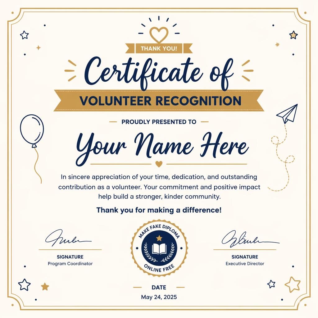 Landscape A4 volunteer recognition certificate template with cream, gold, and navy colors, thin line border, heading, name, signature lines, date, and seal.