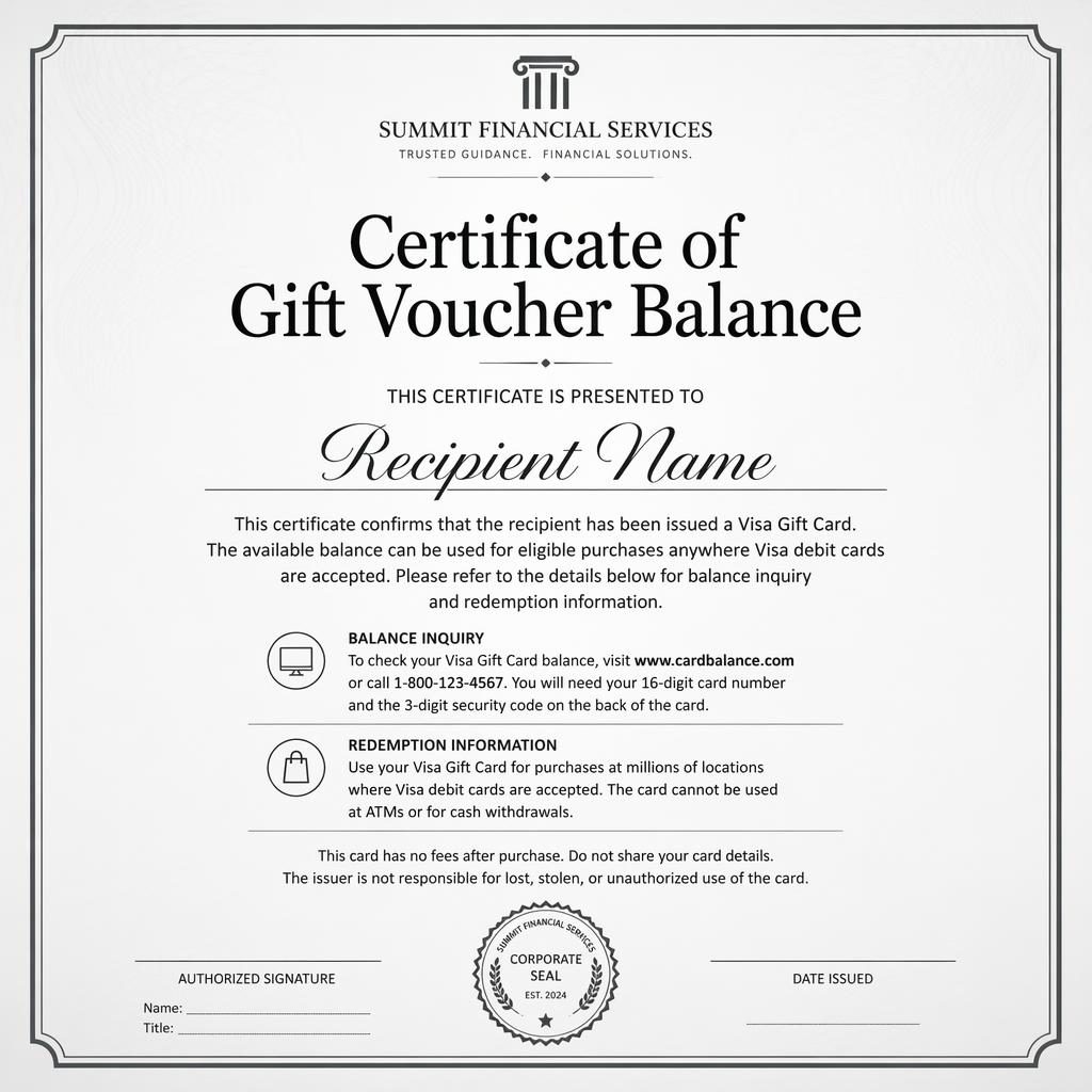 Landscape A4 gift voucher certificate template with visa gift card balance heading, thin border, signature lines, date, and seal.