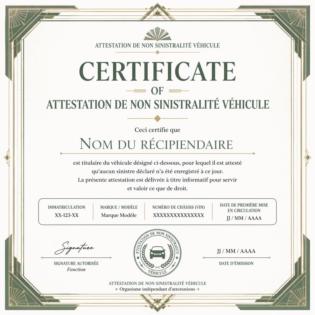 Modèle de certificat paysage A4 blanc et vert sauge, bordure art déco, titre central, signature, date et sceau