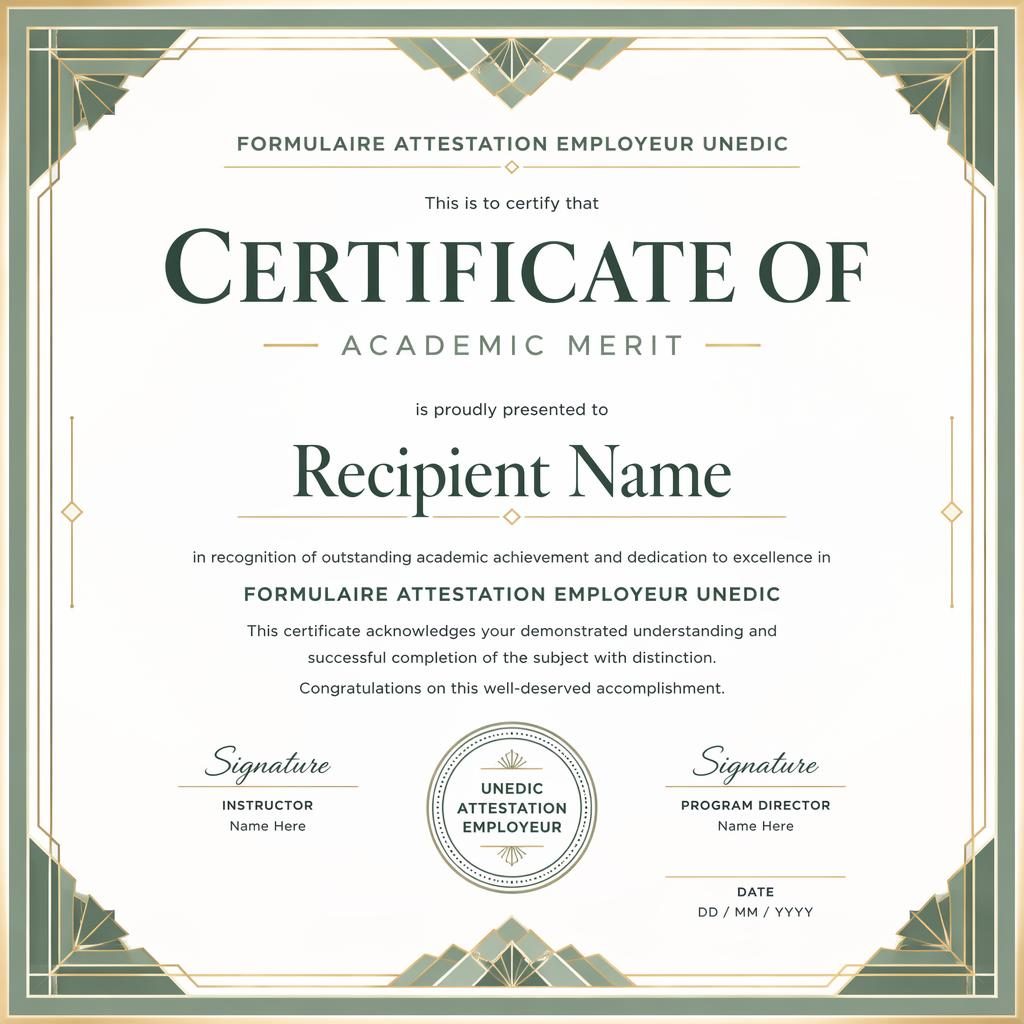 Modèle de certificat académique paysage A4, bordure art déco vert sauge, titre central, lignes de signature et sceau.