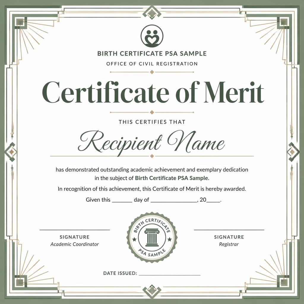 Landscape A4 academic merit certificate template with art deco border, white and sage palette, heading, signature lines.