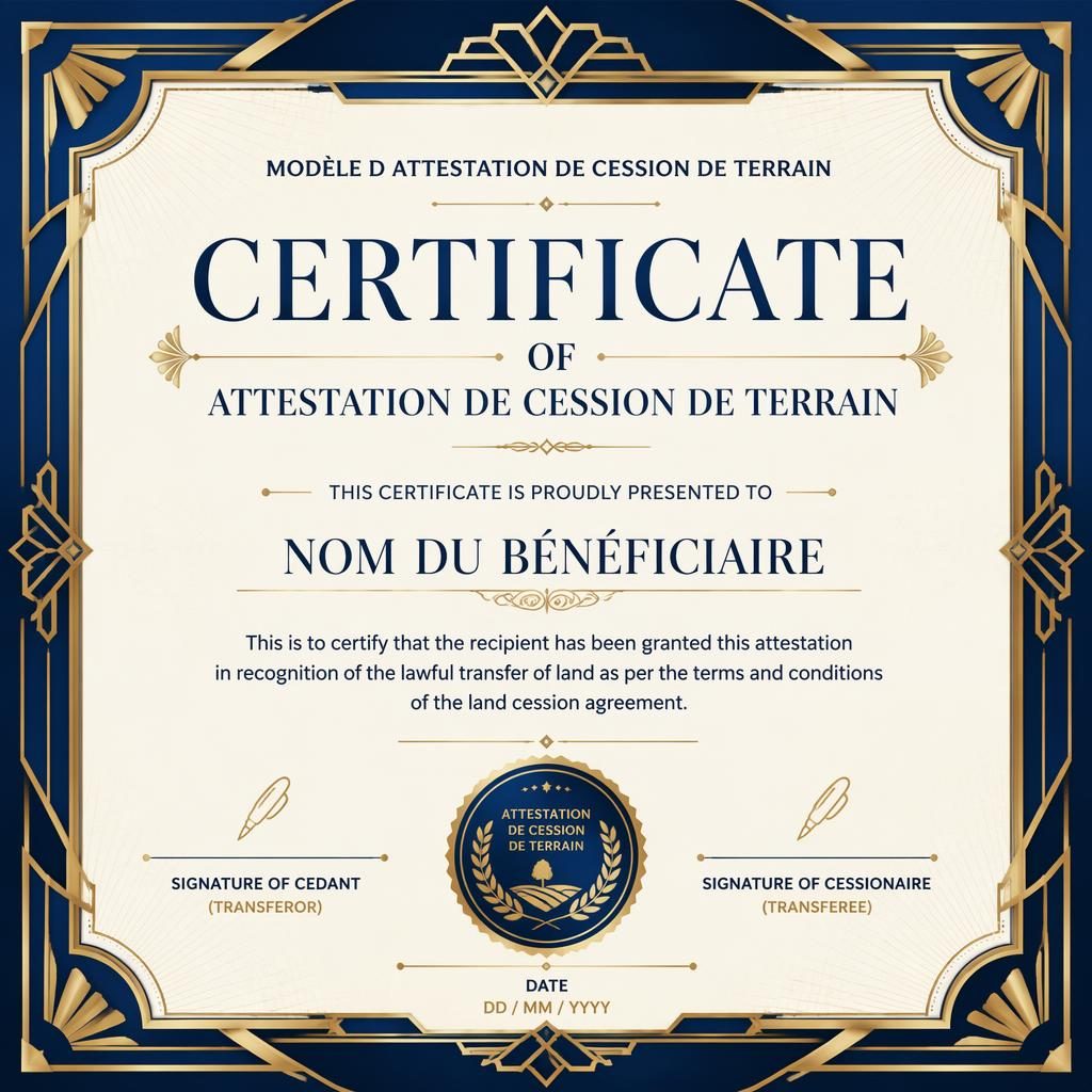 Modèle de certificat paysage A4 art déco, cadre décoratif bleu royal et or, titre central, zones nom, signature, date et sceau
