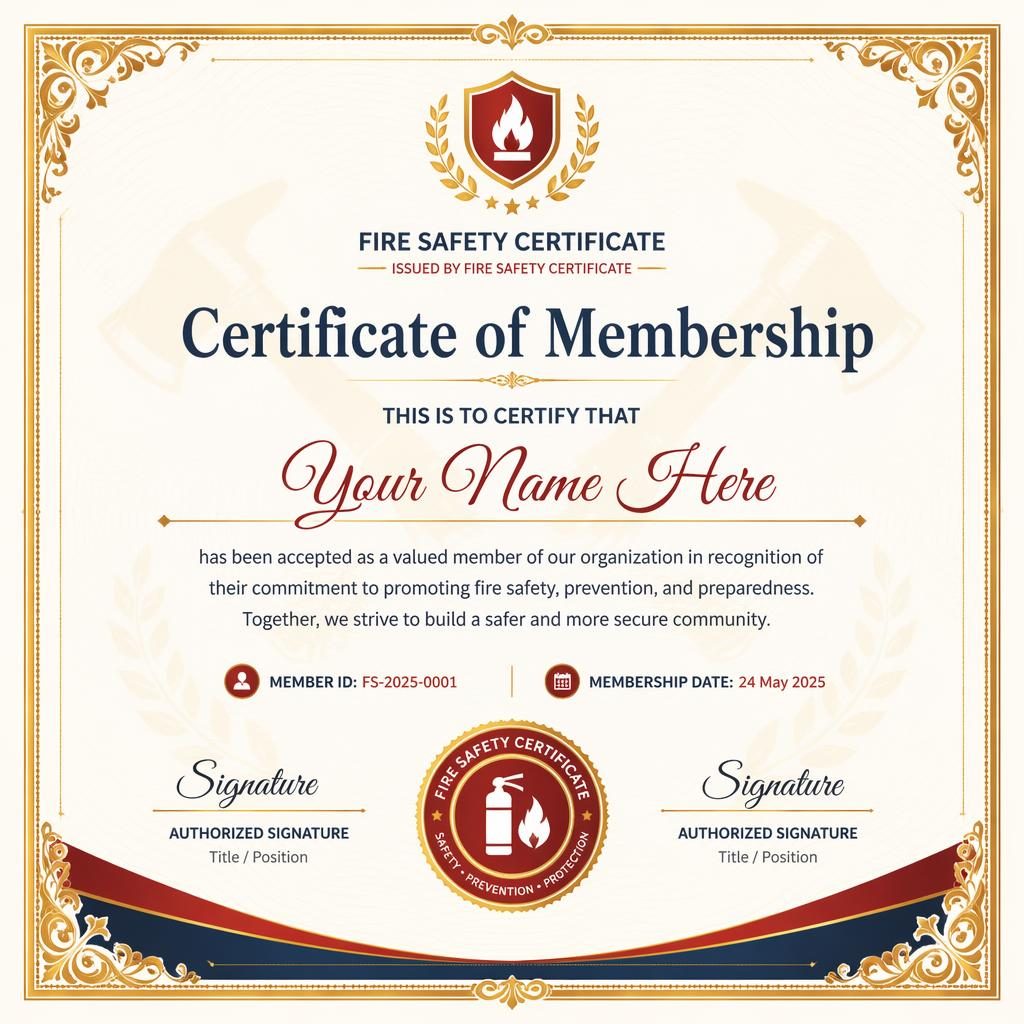 Landscape A4 membership certificate template with ornamental gold border, pastel corporate layout, heading, signature lines, date, and seal.