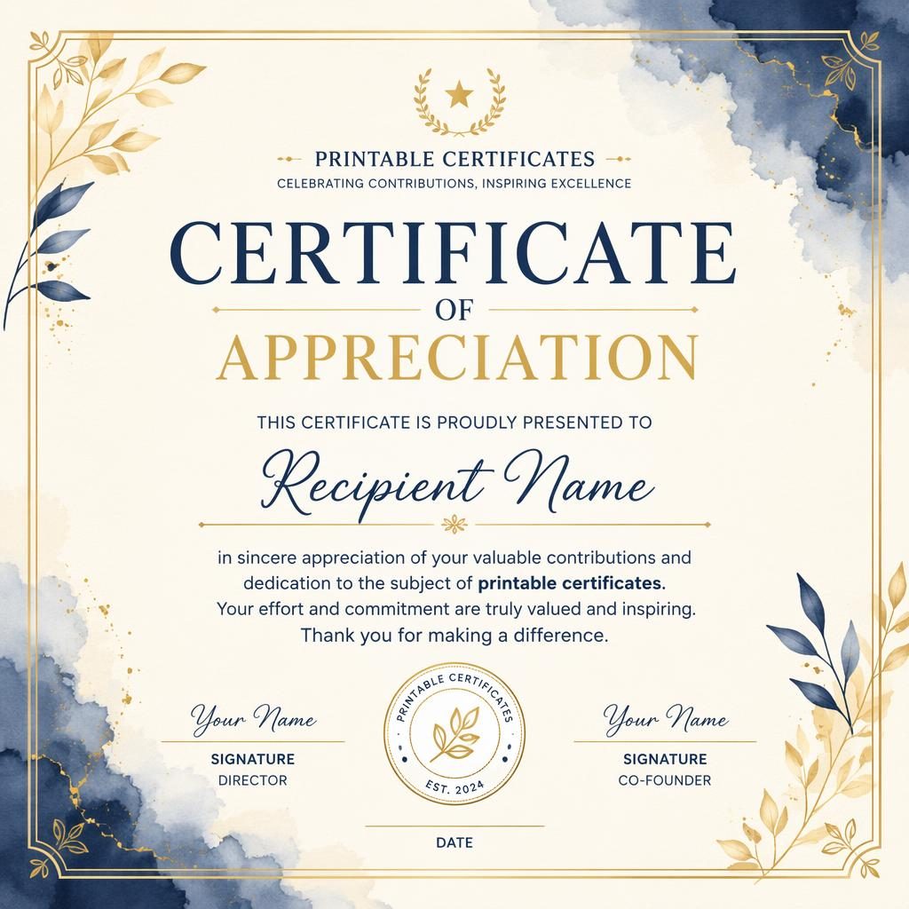 Landscape A4 appreciation certificate template with watercolor accents, thin border, cream gold and navy palette.