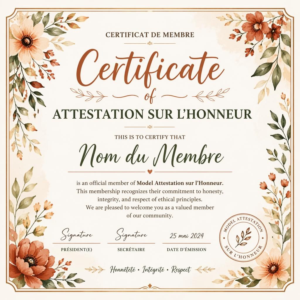 Modèle de certificat d’adhésion A4 paysage, bordure florale aquarelle, style manuscrit chaleureux, lignes de signature.