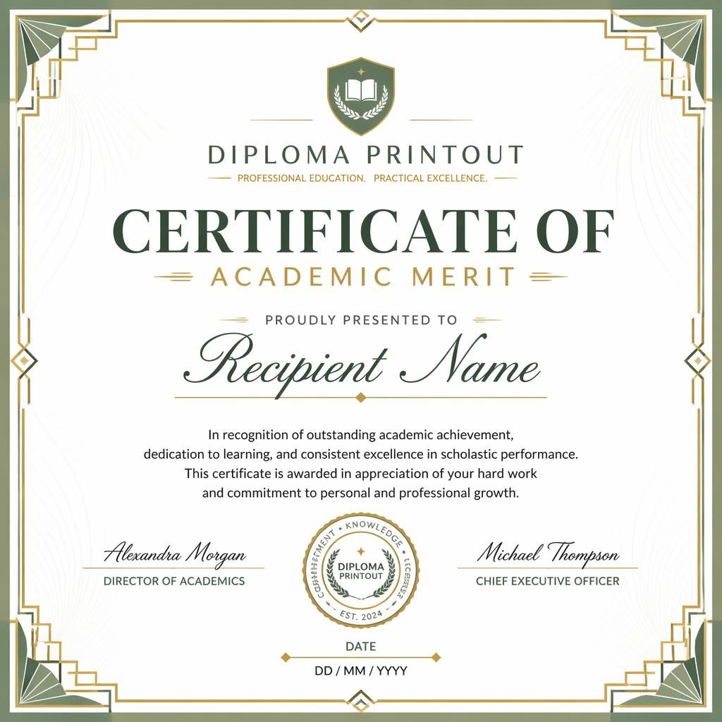 Landscape A4 academic merit certificate template with art deco border, white and sage palette, heading, signature lines, date