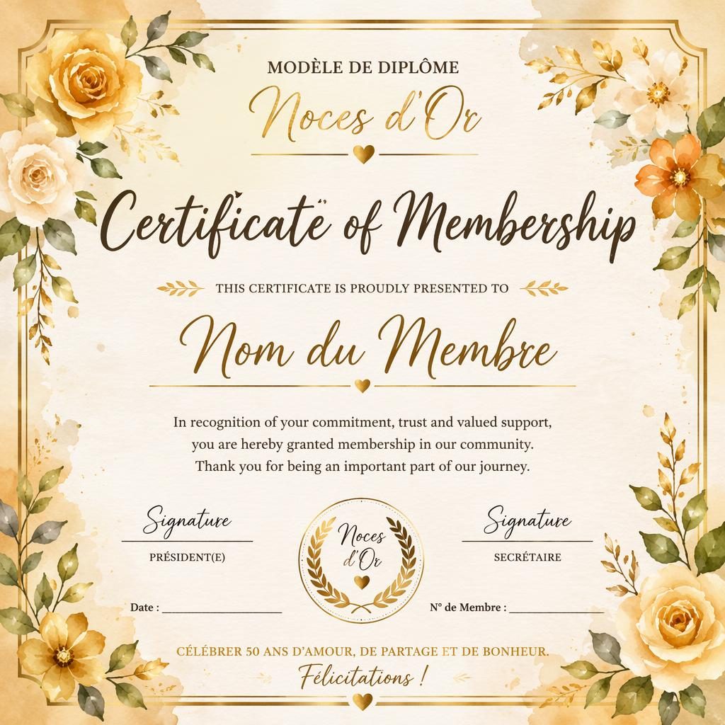 Certificat paysage A4 avec bordure florale aquarelle, titre central, nom du destinataire, signatures, date et sceau.