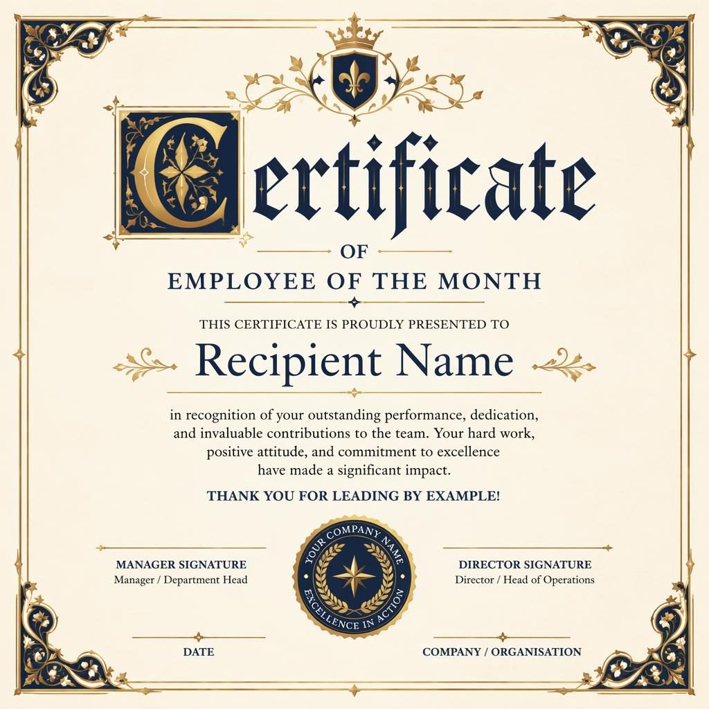 Landscape A4 employee of the month certificate template with cream, gold and navy palette, thin border, heading, seal and signatures.