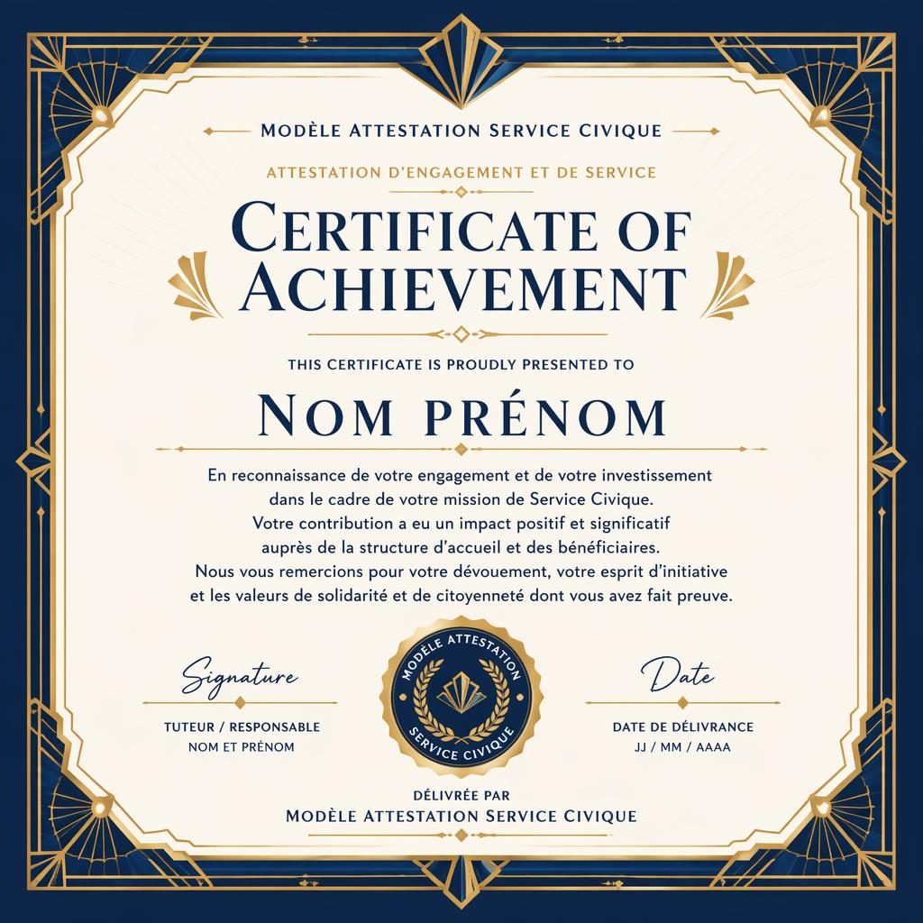 Certificat paysage A4 style art déco avec cadre décoratif bleu royal et or, titre central, lignes de signature, date et sceau.