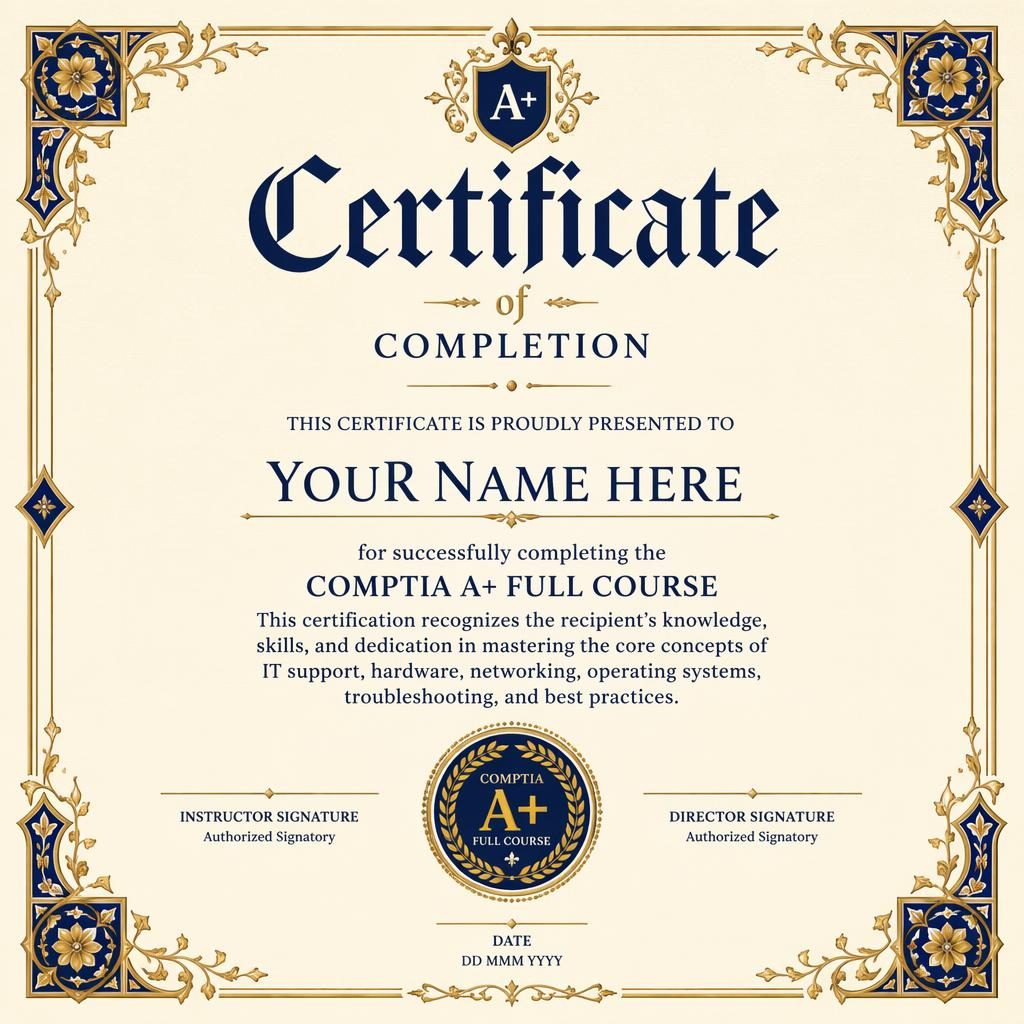Landscape A4 certificate template in cream, gold, and navy with thin border, ornate heading, signature lines, date, and seal.