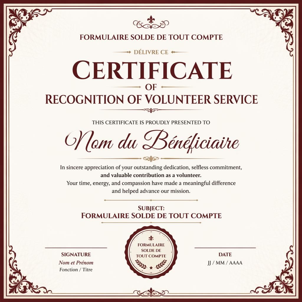 Modèle de certificat bénévole paysage A4, bordure classique bordeaux, titre central, lignes de signature, date et sceau.