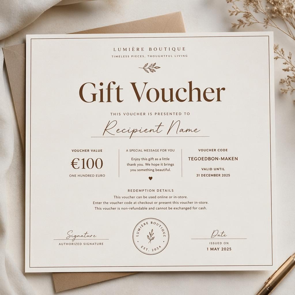 Minimalistisch gift voucher certificaat in warme aardetinten met dunne rand, titel, naamveld, handtekening en zegel.