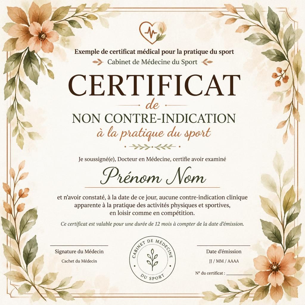 Modèle de certificat médical en format A4 paysage, bordure florale aquarelle, palette terre chaude, signature et date.