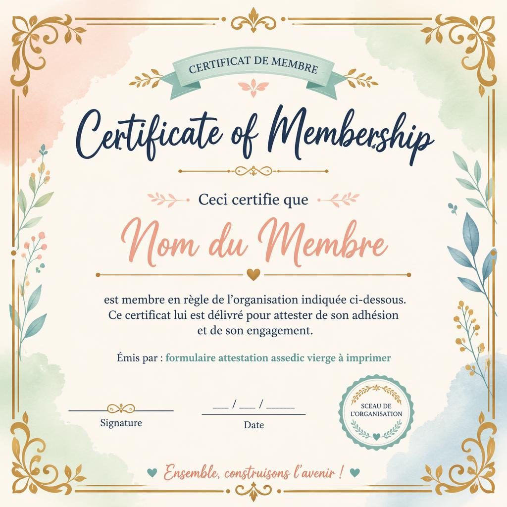 Modèle de certificat d’adhésion A4 paysage, bordure dorée ornementale, palette pastel, titre central, lignes de signature.