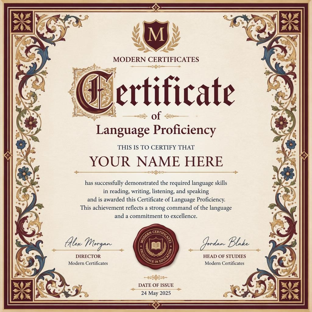 Landscape A4 language proficiency certificate template with illuminated border, burgundy palette, heading, signature lines, date, and seal.