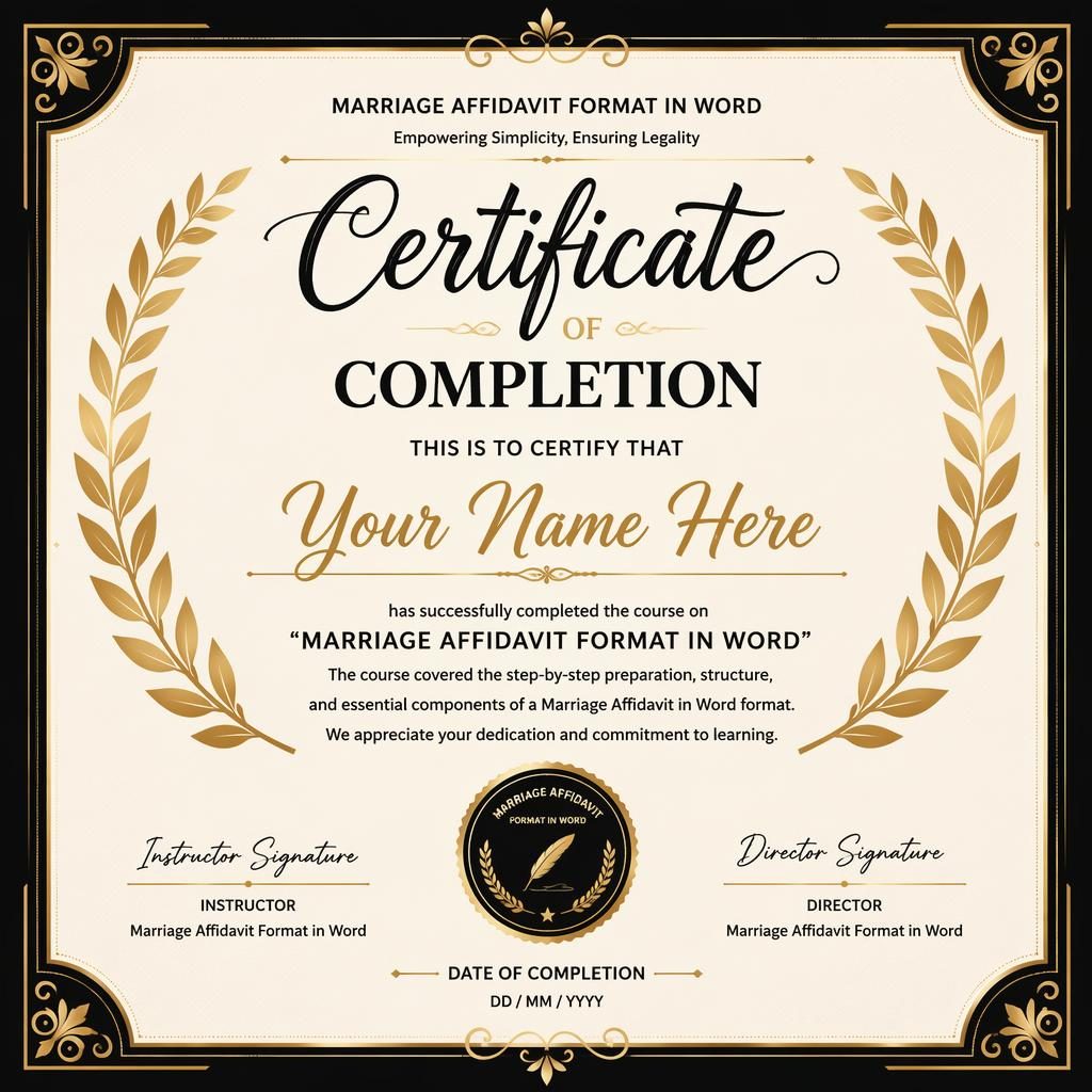 Landscape A4 course completion certificate template with laurel wreath border, black and gold palette, hand-lettered heading, signature lines