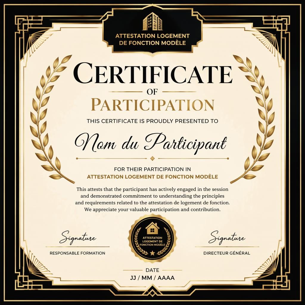 Certificat paysage A4 style art déco noir et or, bordure de laurier, titre central, lignes de signature et sceau.