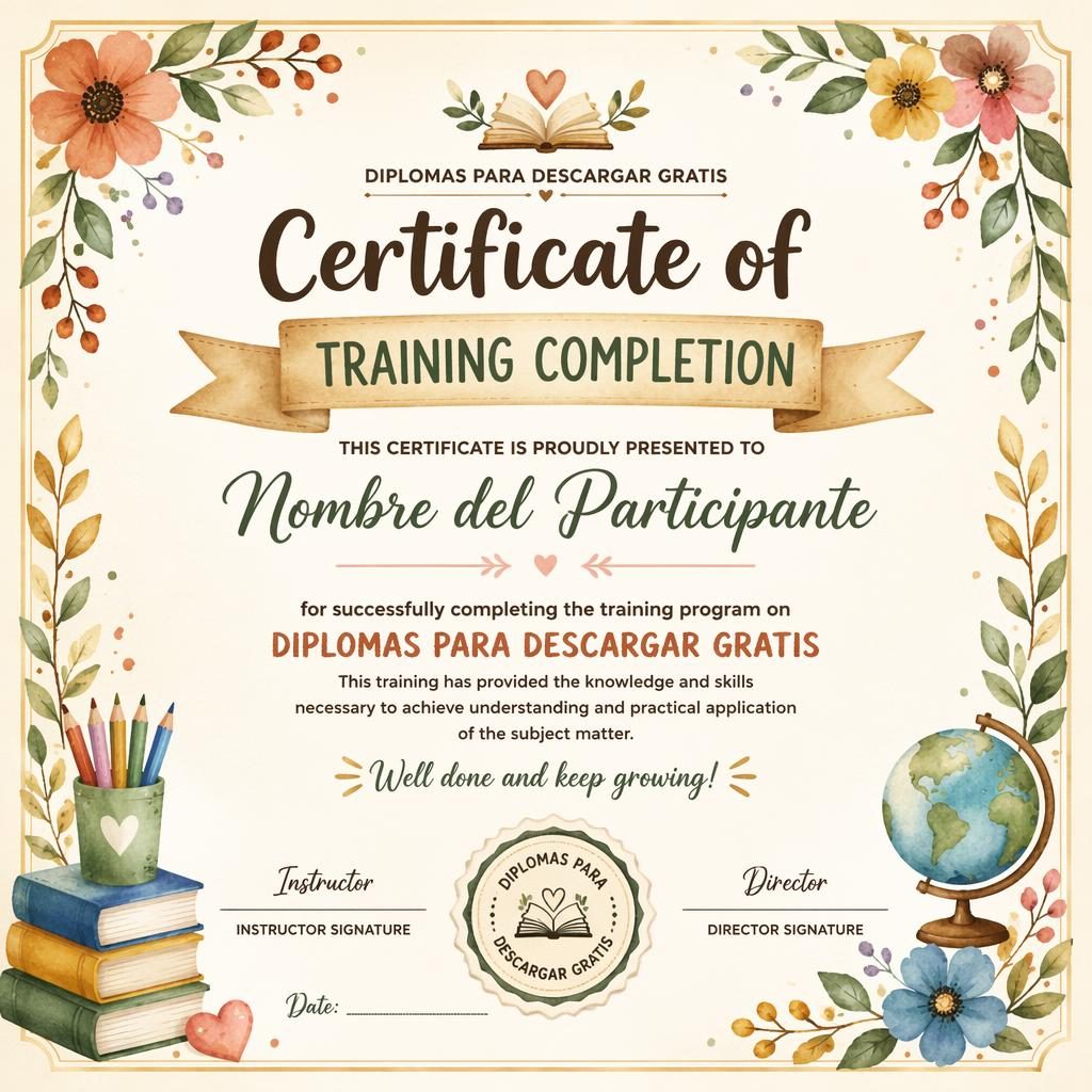 Plantilla horizontal A4 de diploma escolar con borde floral en acuarela, título central, líneas de firma y sello.