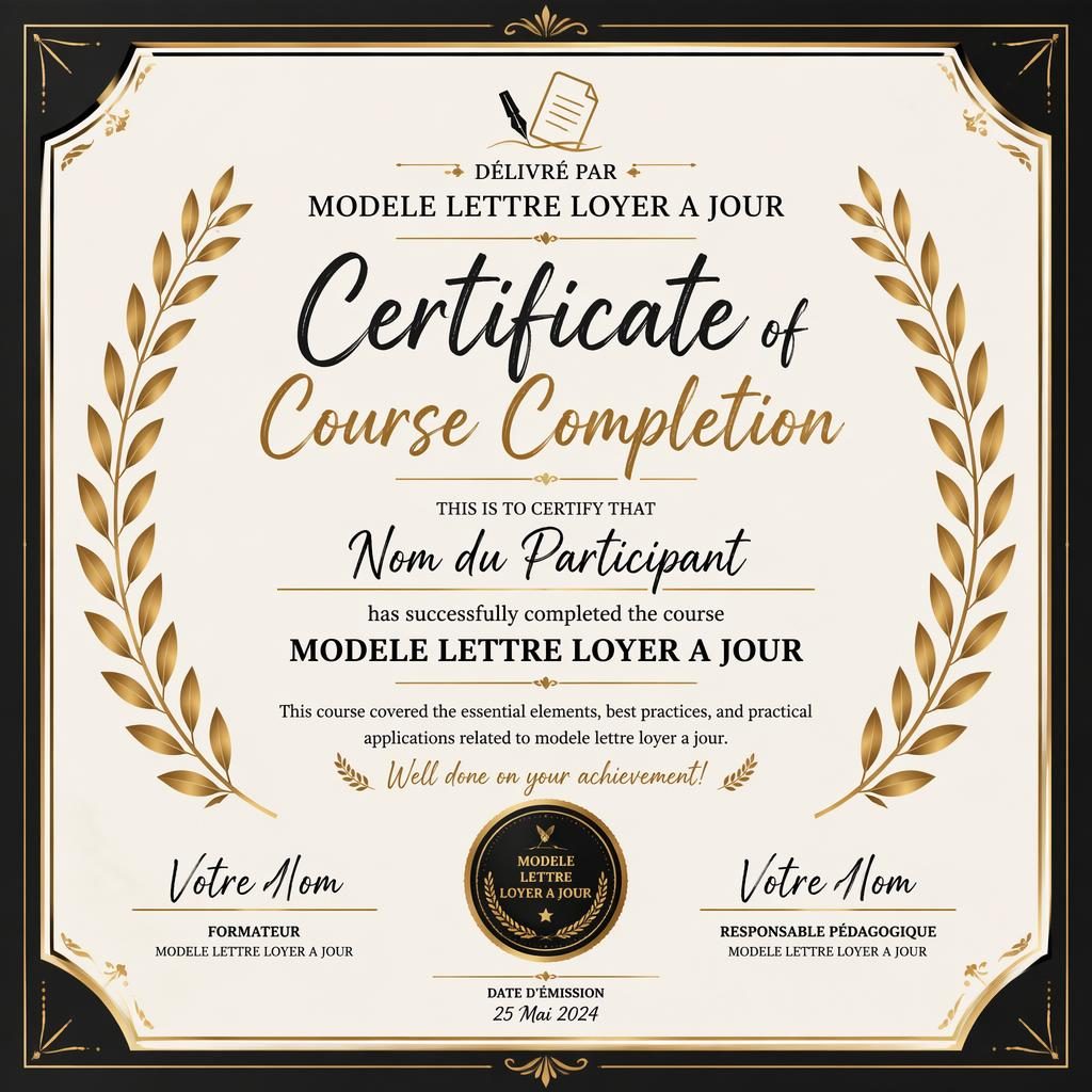 Modèle de certificat paysage A4 noir et or, bordure de laurier, titre central, lignes de signature et sceau.