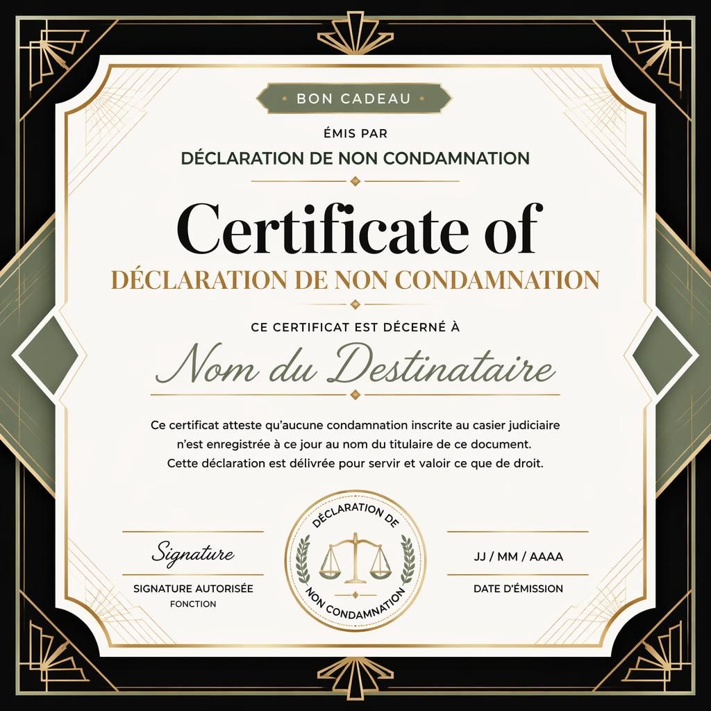 Modèle de bon cadeau certificat A4 paysage noir et or, bordure art déco, nom du bénéficiaire, signature et date