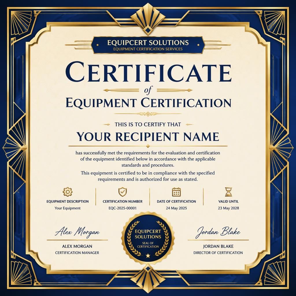 Landscape A4 achievement certificate template with art deco blue and gold frame, heading, recipient, signature lines, date, and seal
