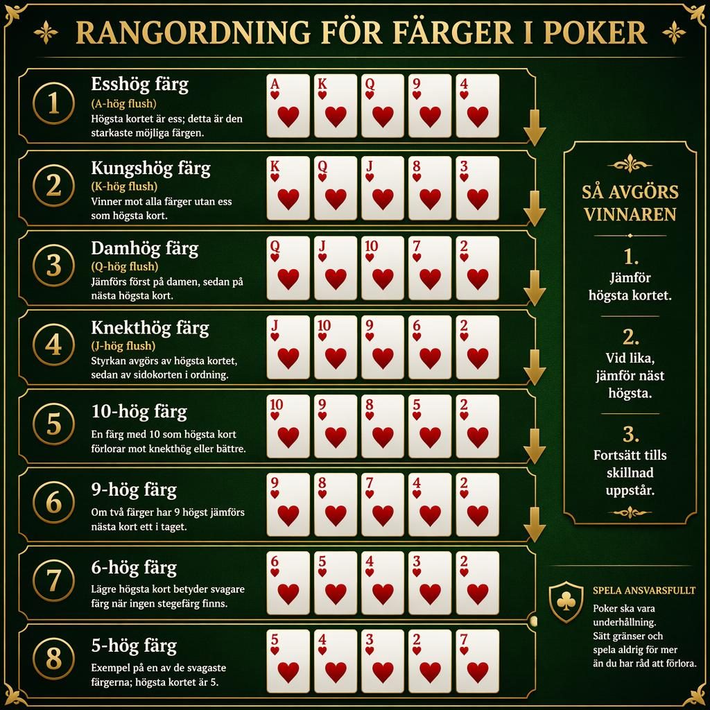 Infografik med 8 pokerhänder i färg rangordnade från esshög till 5-hög på grön filt med gulddetaljer och svensk legend.